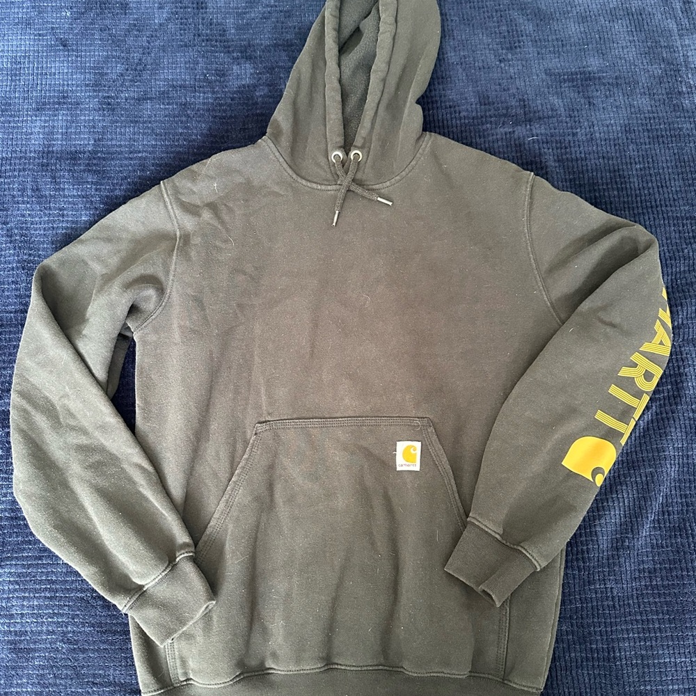 Carhartt Men's Gray Hoodie with Yellow Logo